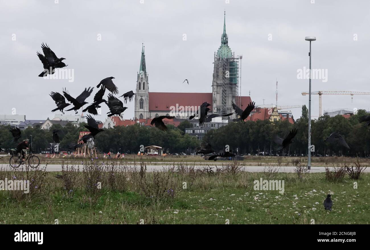 18. September 2020, Bayern, München: Vögel fliegen über die Theresienwiese. Im Hintergrund sieht man die Kirche St. Paul. Normalerweise hätte das Oktoberfest am 19.09.2020 auf der Theresienwiese eröffnet. Das größte Volksfest der Welt wurde wegen der Corona Pandemie 2020 abgesagt. Foto: Josefine Kaukemüller/dpa Stockfoto