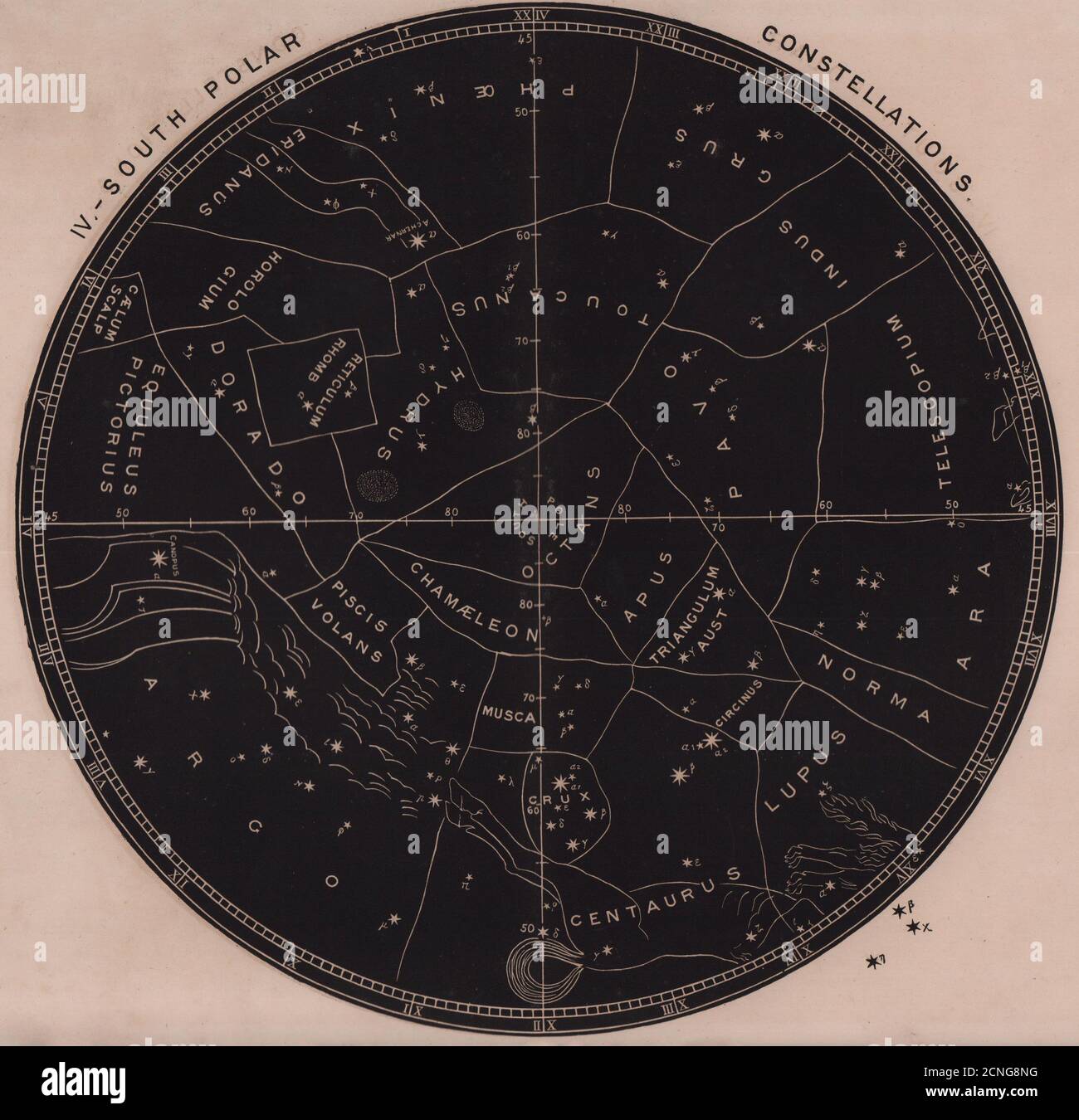 Sternenkarte. Südpolarkonstellationen. Südpol bis 45 Grad Astrologie 1875 Karte Stockfoto