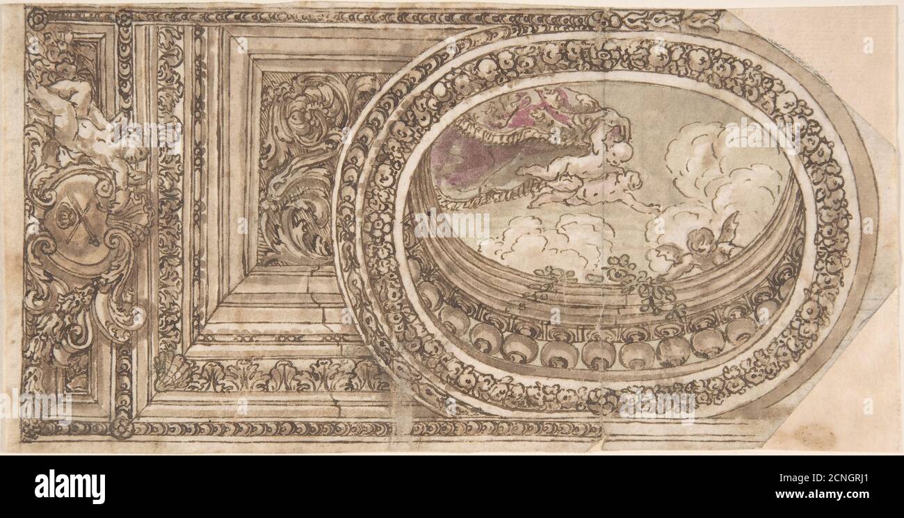 Entwurf für eine Decke mit einem ovalen Trompe L'oeil Gemälde, 17. Jahrhundert. Stockfoto