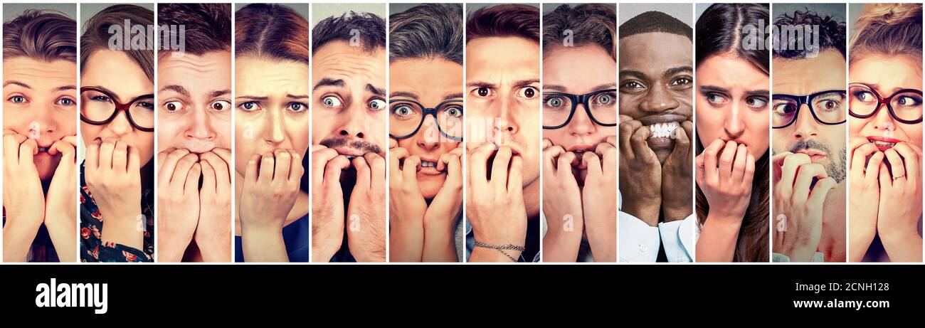 Gruppe von multiethnischen ängstlich Menschen Männer und Frauen beißen Fingernägel Nervös gestresst fühlen Stockfoto