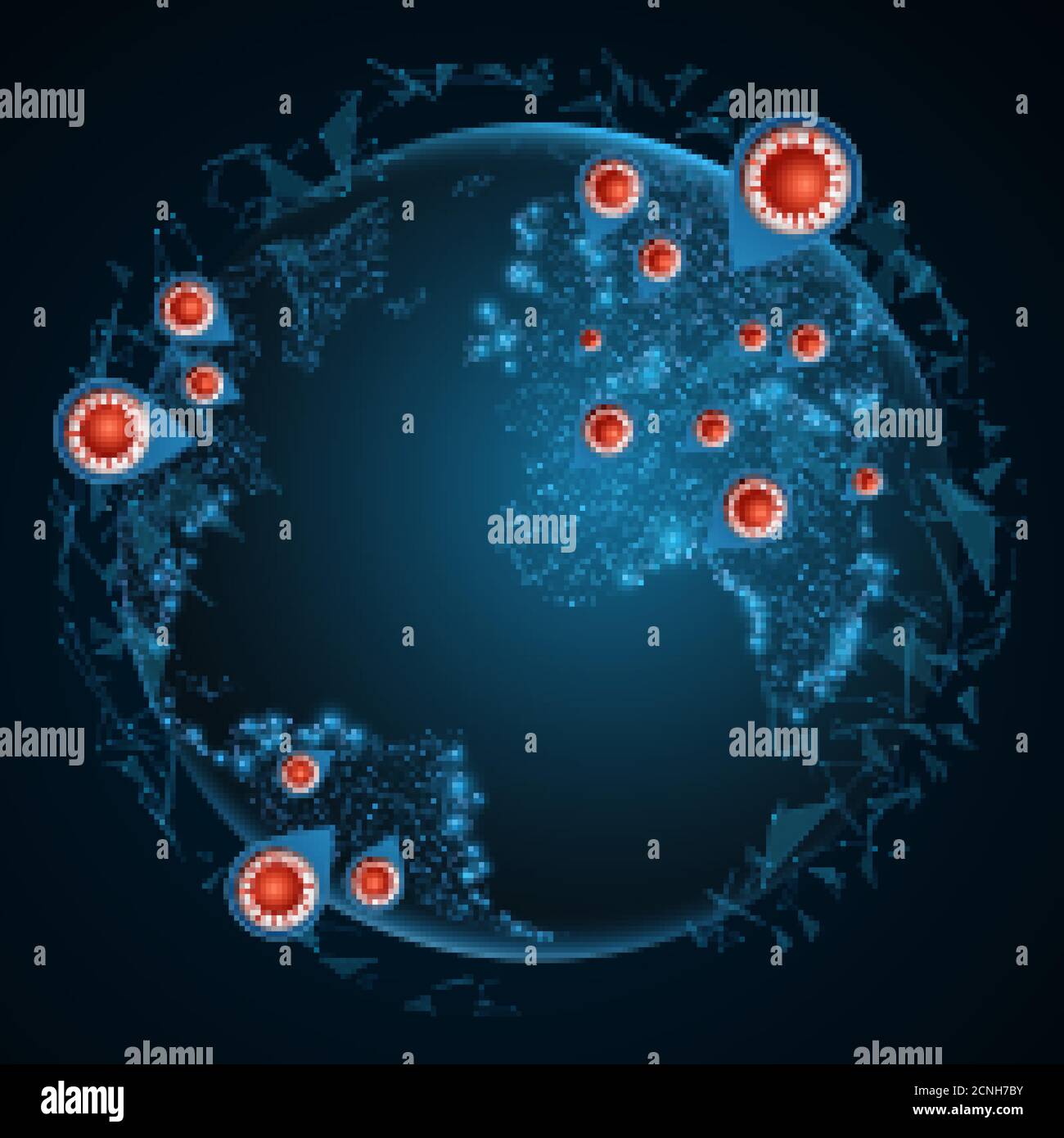 Erdkugel im futuristischen Stil mit Coronavirus-Bakterien. Chinesische Pandemie. Gefährliche zelluläre Infektion. Infizierte Punkte. Abstrakt glühende infizierte Stock Vektor