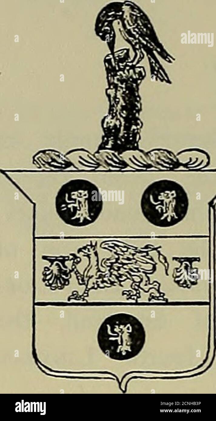 . Amerika heraldica : eine Sammlung von Wappen, Wappen und Mottos von prominenten amerikanischen Familien in diesem Land vor 1800 angesiedelt. Diese Waffen, die den Grünen von Cos gehören. Hereford und Nottingham, und von AwkleyHall, Co. York, England, wurden von fohnGreen of Stow (1688), und von seinem Bruder. Bar-tholomezv Grün (1678). Der Großvater von beiden, fohngrün, Camovering im Jahr 1632 und ließ sich in Charlestown, Mass.Percival Green, von Cambridge, über whoseorigin so viel geschrieben wurde, kann sein-ersehnt, um die gleiche Familie. Arme: Argent, auf einem Fess, azurblau, zwischen drei Pellets, jedes ch Stockfoto