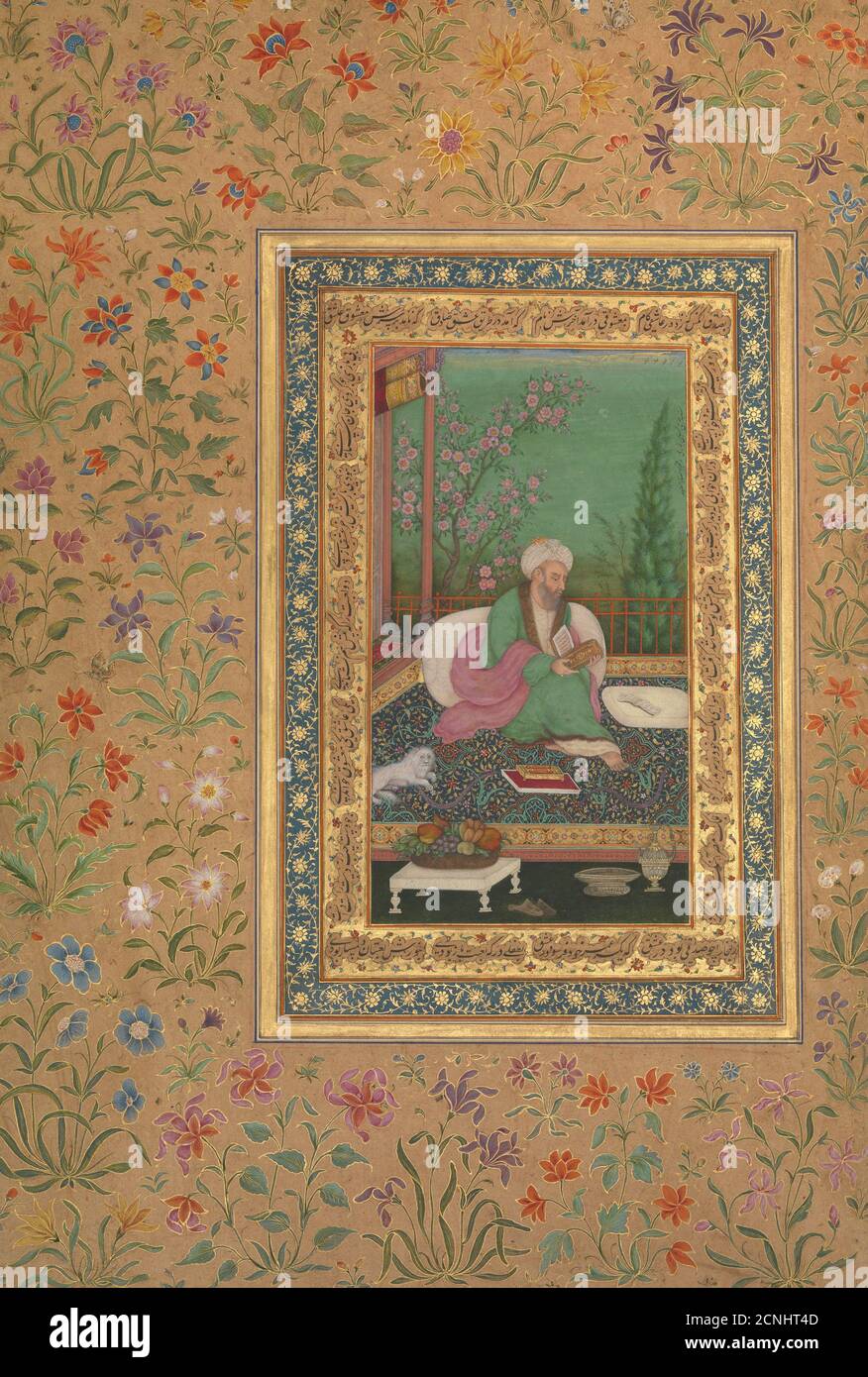 Haji Husain Bukhari, Folio aus dem Shah Jahan Album, recto: Anfang des 19. Jahrhunderts; rückseitig: Spätere Kopie des Originals des 16. Jahrhunderts. Stockfoto