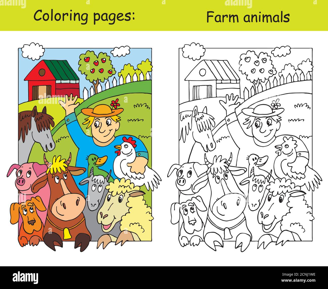 Malvorlagen mit glücklichen Landwirt und seine Nutztiere. Cartoon Vektorgrafik. Сoloring und farbige Bild von Nutztieren. Abbildung für Stock Vektor