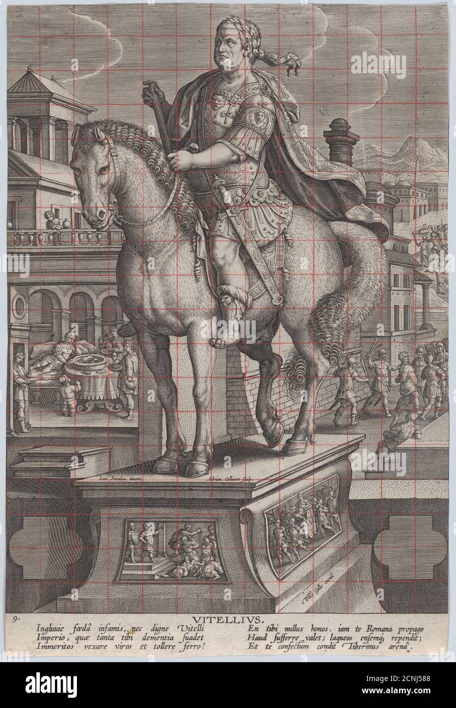 Tafel 9: Reiterstatue des Vitellius, dreiviertel links gesehen, mit seiner Todesszene im Hintergrund rechts, sein Körper wird oben rechts in den Tiber geworfen, von 'Römische Kaiser auf dem Pferderücke', ca. 1587-89. Stockfoto