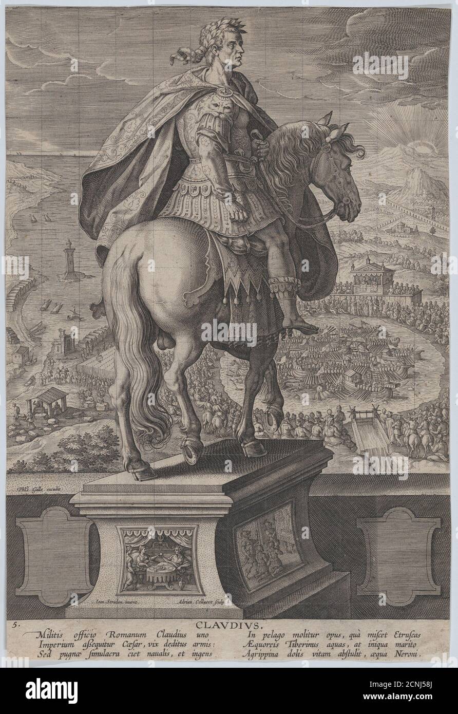 Tafel 5: Reiterstatue des Claudius, von hinten gesehen, rechts im Hintergrund ein Marinewettbewerb, aus 'Römische Kaiser auf dem Pferderacke', ca. 1587-89. Stockfoto