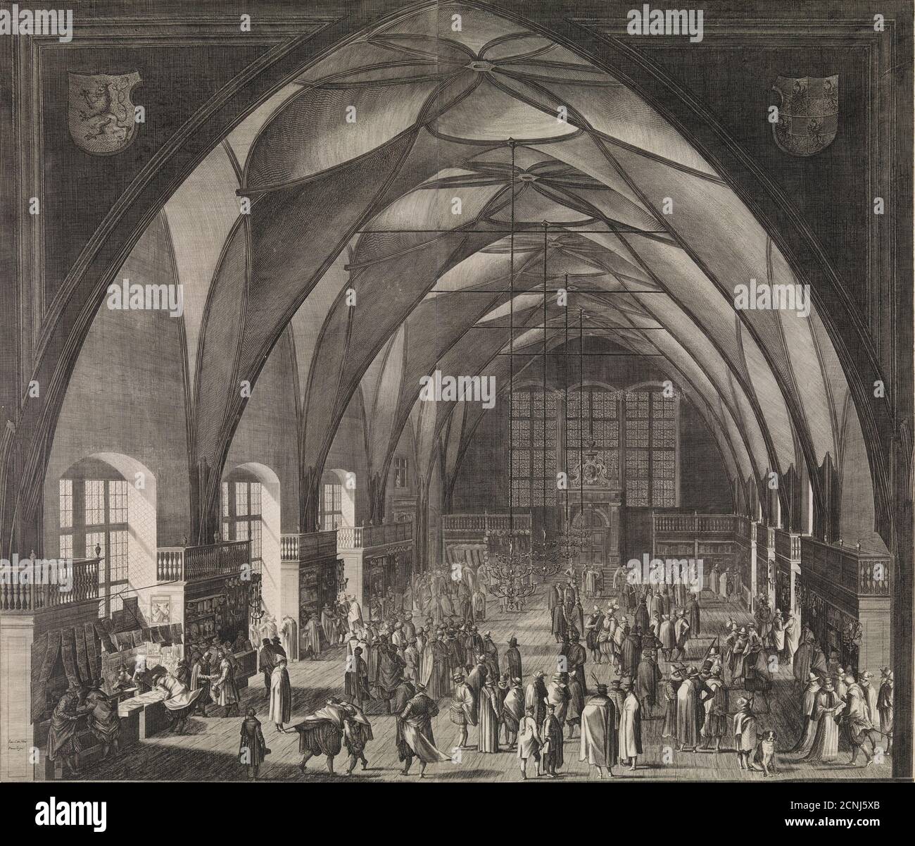 Innenansicht des Vladislav-Saals auf der Prager Burg während der Jahresmesse 1607. Stockfoto