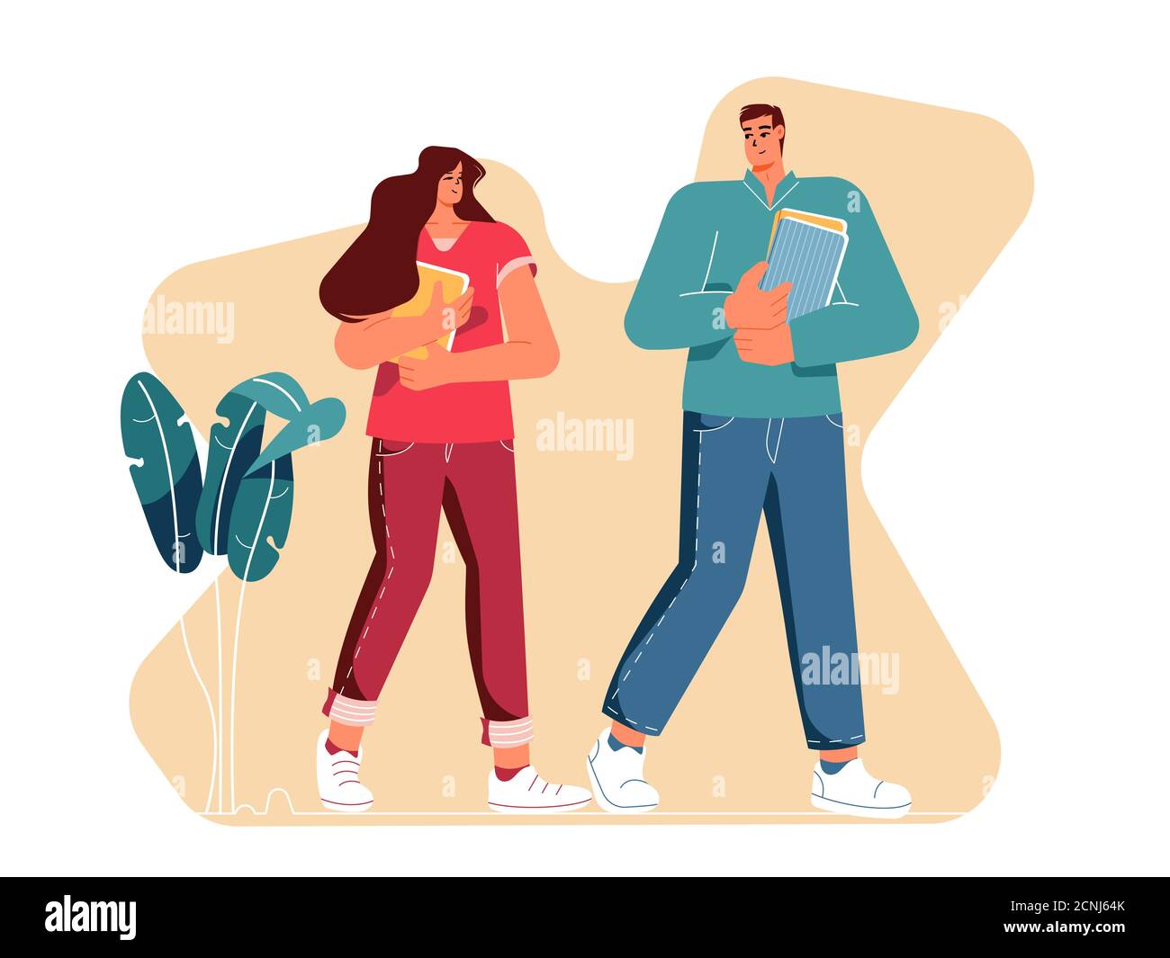 Studentenpaar zu Fuß im Freien mit Büchern. Trendige moderne Zeichen Illustration. Stockfoto