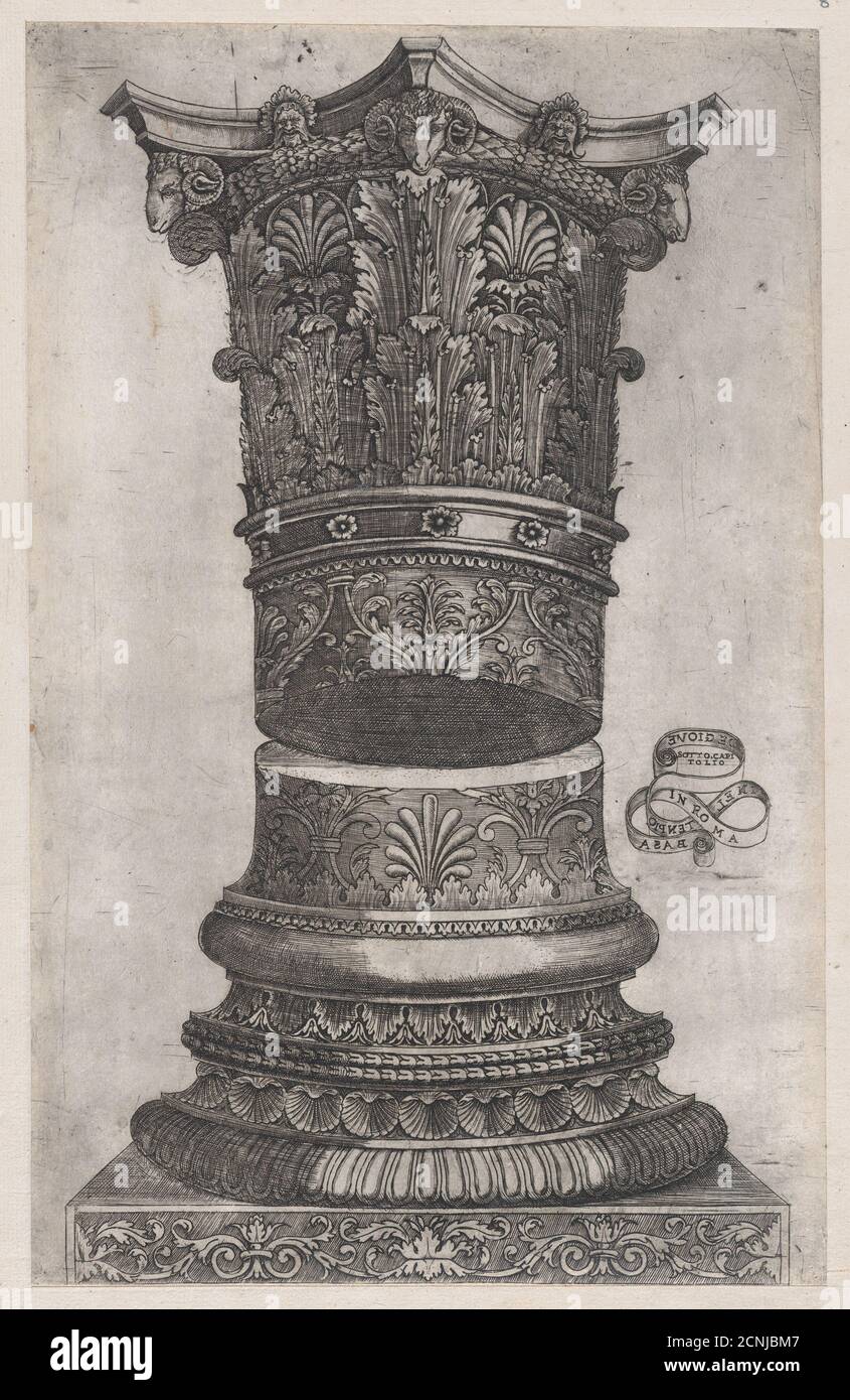 Speculum Romanae Magnificentiae: Verzierte Hauptstadt und Basis im Jupiter-Tempel, Rom, ca. 1537. Stockfoto