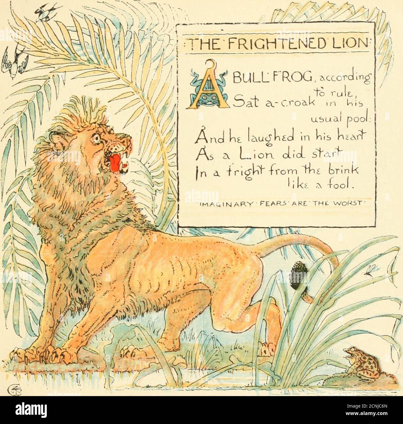 . Der eigene Aesop des Babys: Die Fabeln verdichtet in Reim mit tragbaren Moral bildhaft von Walter Crane. Von Edmund Evans in Farben graviert und gedruckt. KlNGLOC-.^ktNCSTORK ^H€. FRÖSCHE prdytd 1o^ J0V£ für ein &lt;in(S: ?rsior a lo&lt;y. but a i iviliter Jov£ stnt mtm a. Sfork,vv ho oic-J Royal Arbeit , für KI gokUsJ tkii.» uh^ol.ot.1 i4- -^ L- ..■. V^TH £• MAUS.-8p DER Löwe; ^% arm tlnin/tk Moust x^j war, und vst, ^■^Whinlk Lion gof*All I Cdught in 21 hlit, /-ill seine sfrLngPh war keine NutzungTwasrk arme kleine NousiWloo nibbUd kim OJT von hat .SMALL- • PRODUZIEREN,CA14SE5^^ESU Stockfoto