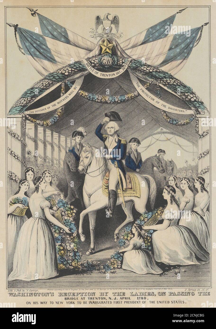 Washingtons Empfang durch die Damen über die Brücke in Trenton, N.J., April 1789, auf seinem Weg zur Einweihung des ersten Präsidenten der Vereinigten Staaten, 1845. Stockfoto