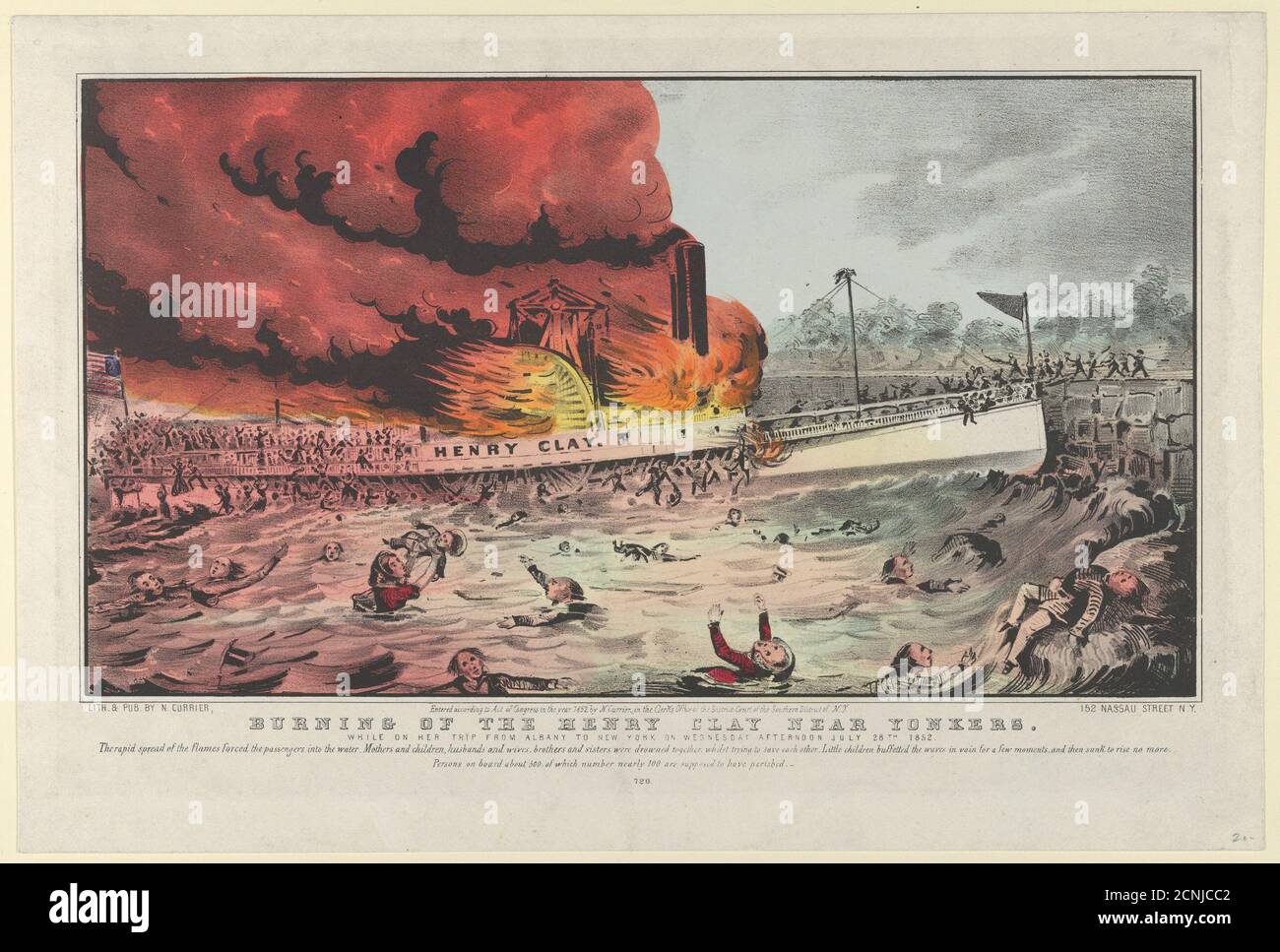 Die Verbrennung des Henry Clay bei Yonkers-während ihrer Reise von Albany nach New York am Mittwoch Nachmittag des 28. Juli 1852.-die rasche Ausbreitung der Flammen zwang die Passagiere ins Wasser. Mütter und Kinder, Ehemänner und Ehefrauen, Brüder und Schwestern wurden zusammen ertränkt, während sie versuchten, einander zu retten. Kleine Kinder pufferten die Wellen für ein paar Augenblicke vergeblich, und versenkten dann, um nicht mehr zu steigen. Personen an Bord etwa 500, von denen Zahl fast 100 sollen umgekommen sein., 1852. Stockfoto