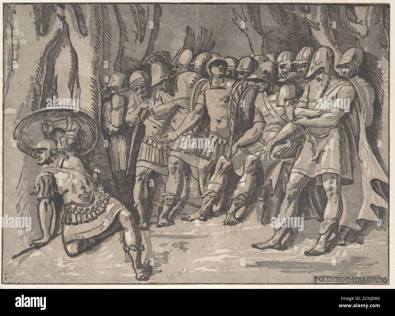 Ajax unten links hält einen Schild hoch, rechts steht Agamemnon umgeben von seinen Soldaten, 1540-50. Stockfoto