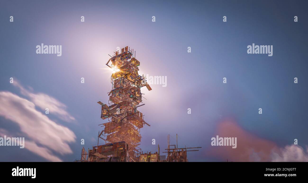 Post-apokalyptische Schifffahrt Container Stadt Zukunft Welt von Entwurf, Staub, Hitze und Kriege 3d-Rendering Stockfoto