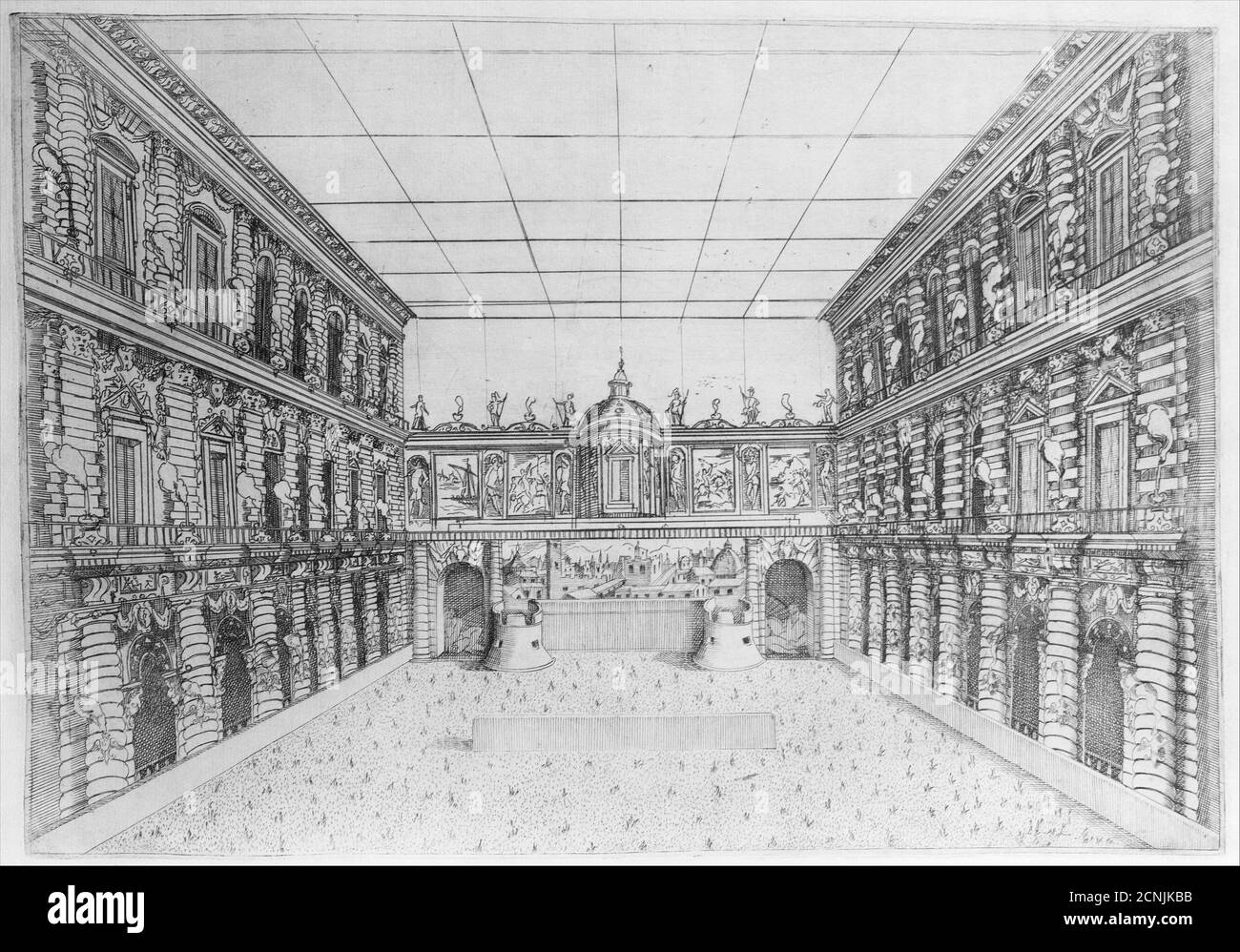 Hof des Palazzo Pitti dekoriert mit Candelabra, aus einem Album mit Platten dokumentiert die Feierlichkeiten der Hochzeit von Ferdinand I. und Christine von Lothringen 1589, 1592-1589. Stockfoto