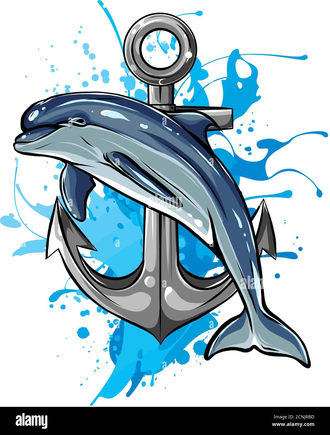 Delfin um einen Anker mit einem Seil, ein altes Symbol des Meeres, Vektor-Illustration Stock Vektor