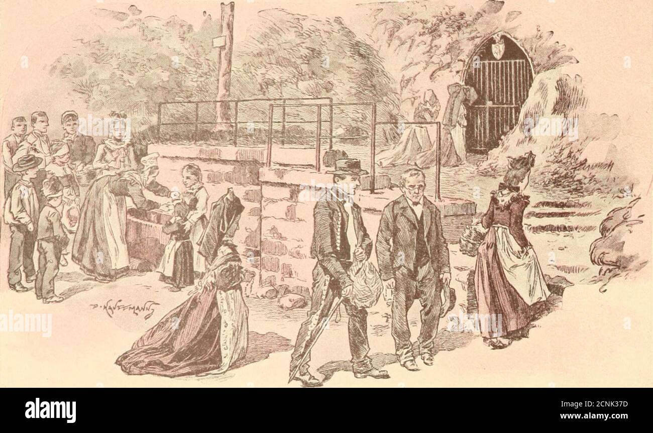 . Nos petits Alsaciens chez eux ; Notes et Souvenirs d'artiste, par P. Kauffmann ; . ux choses du passé que lesgens des villes. Voici le Grand nœud des Environs de Strasbourg, et le coquet bonnetbrodé du Haut-Rhin. Les costumes des femmes et des jeunes filles va-rient à linfini ; celui des hommes est à peu près partout le même, à partquelques variantes. Les uns arborent la longue redingote dont les Bas-ques battent les ipoUets, les autres se contentent de la petite veste auxnombreux boutons, ouverte sur des gilets roues ou de velours noirbroché. Lascension étant longue et fatigante, quelques Stockfoto