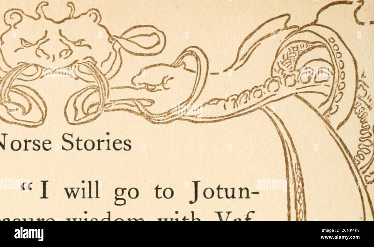 . Nordische Geschichten aus den Eddas / von Hamilton Wright Mabie; mit Farbillistrationen und Dekorationen von George Wright . f nordische Geschichten Vafthrudner. Ich werde nach Jotun-heim gehen und Weisheit mit VAF-Thrudner messen, dem klügsten der Riesen, sagte er zu Frigg, seiner Frau, die sittingby war. Da erinnerte sich Frigg an die, die mit dem Allwissenden zu kämpfen gegangen waren und nie wieder gekommen waren, und Affear kam über sie, daß das gleiche fatemight Odin widerfuhr. Du bist klüger in allen Welten, Allvater, sagte sie; warum solltest du einen verräterischen Riesen suchen, der nicht halb so viel weiß wie du?: Aber Odin, der Fea Stockfoto