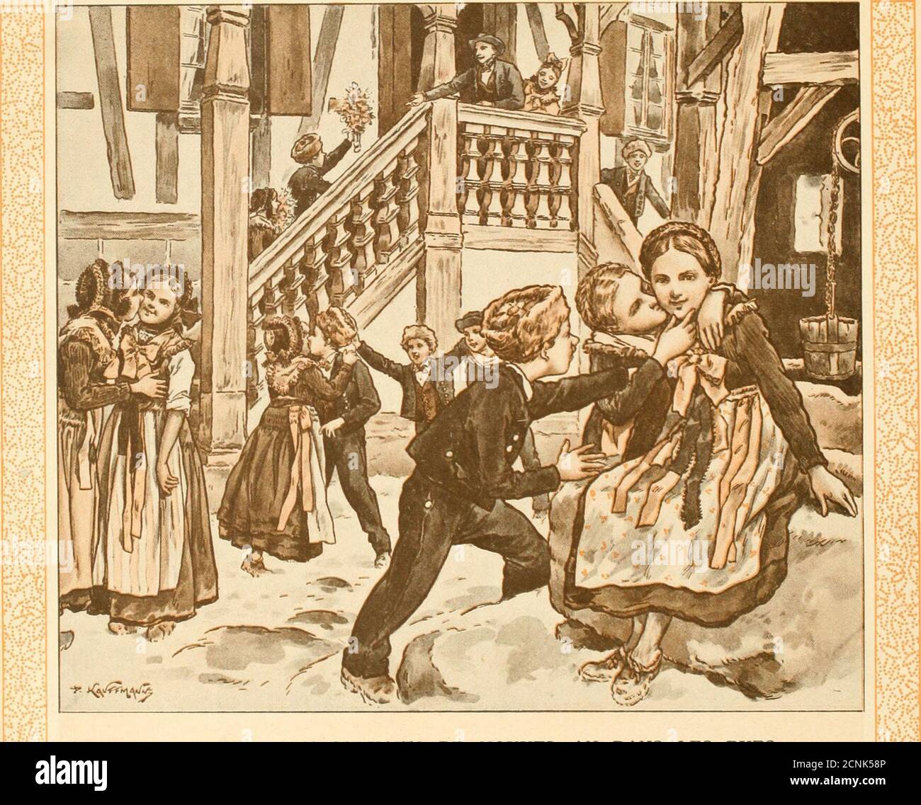 . Nos petits Alsaciens chez eux; Notes et Souvenirs d'artiste, par P. Kauffmann; . ::i !::«:■ 2ï^. ^0 .••i=.-!À!? Les BAISERS ET SOUHAITS DE NOUVEL AN DANS LES RUESCOSTUMES DOBERSEEBACH JAMMWEIFI E sol est couvert du resplendissant manteau de neige qui nele quitte guère de tout lhiver. Il fait très froid, Mais le petitAlsacien ny prête nulle Achtung : lhiver est toujours rudedans nos campagnes Dalsce. Le Gel et la neige ont leurpoésie : ils sont prétextes à des amusements qui, pour être chaque annéeles mêmes, nen ont pas moins de charmants agréments. Ah! les Boulesde neige! les Bonshomm Stockfoto