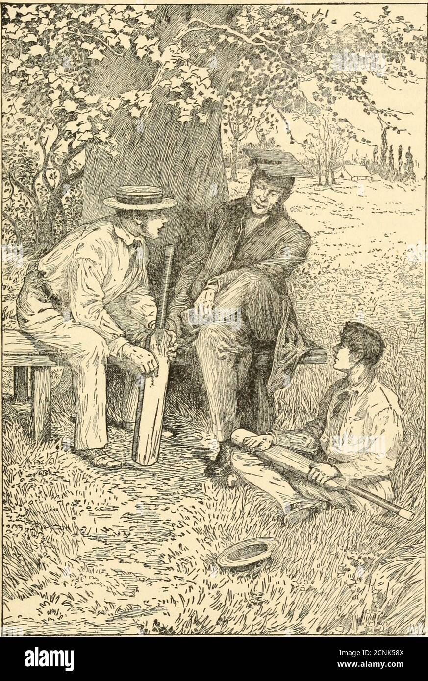 . Tom Browns Schultage . r, den wir vorher schon einmal gesehen haben, aber sein Gesicht hat viel zugenommen, seitdem wir ihn zuletzt begegnet sind. Und an seiner Seite, in weißem Flanellhemd und Hose, Strohhut, der Kapitänsgürtel, und die ungebräunten, gelben Cricket-Schuhe, die alle elf tragen, sitzt eine Umreifungsfigur in der Nähe von sechs Fuß hoch, mit ruddy, gebräuntes Gesicht und Schnurrhaare, lockiges braunes Haar und einem lachenden, tanzenden Auge. Er lehnt sich nach vorne, seine Ellbogen rasten auf den Knien und dandling seine Lieblingsfledermaus, mit der er heute dreißig oder vierzig Runs gemacht hat, in seinen starken, braunen Händen. Itis Tom Brown, wachsen Stockfoto . Tom Browns Schultage . r, den wir vorher schon einmal gesehen haben, aber sein Gesicht hat viel zugenommen, seitdem wir ihn zuletzt begegnet sind. Und an seiner Seite, in weißem Flanellhemd und Hose, Strohhut, der Kapitänsgürtel, und die ungebräunten, gelben Cricket-Schuhe, die alle elf tragen, sitzt eine Umreifungsfigur in der Nähe von sechs Fuß hoch, mit ruddy, gebräuntes Gesicht und Schnurrhaare, lockiges braunes Haar und einem lachenden, tanzenden Auge. Er lehnt sich nach vorne, seine Ellbogen rasten auf den Knien und dandling seine Lieblingsfledermaus, mit der er heute dreißig oder vierzig Runs gemacht hat, in seinen starken, braunen Händen. Itis Tom Brown, wachsen Stockfoto