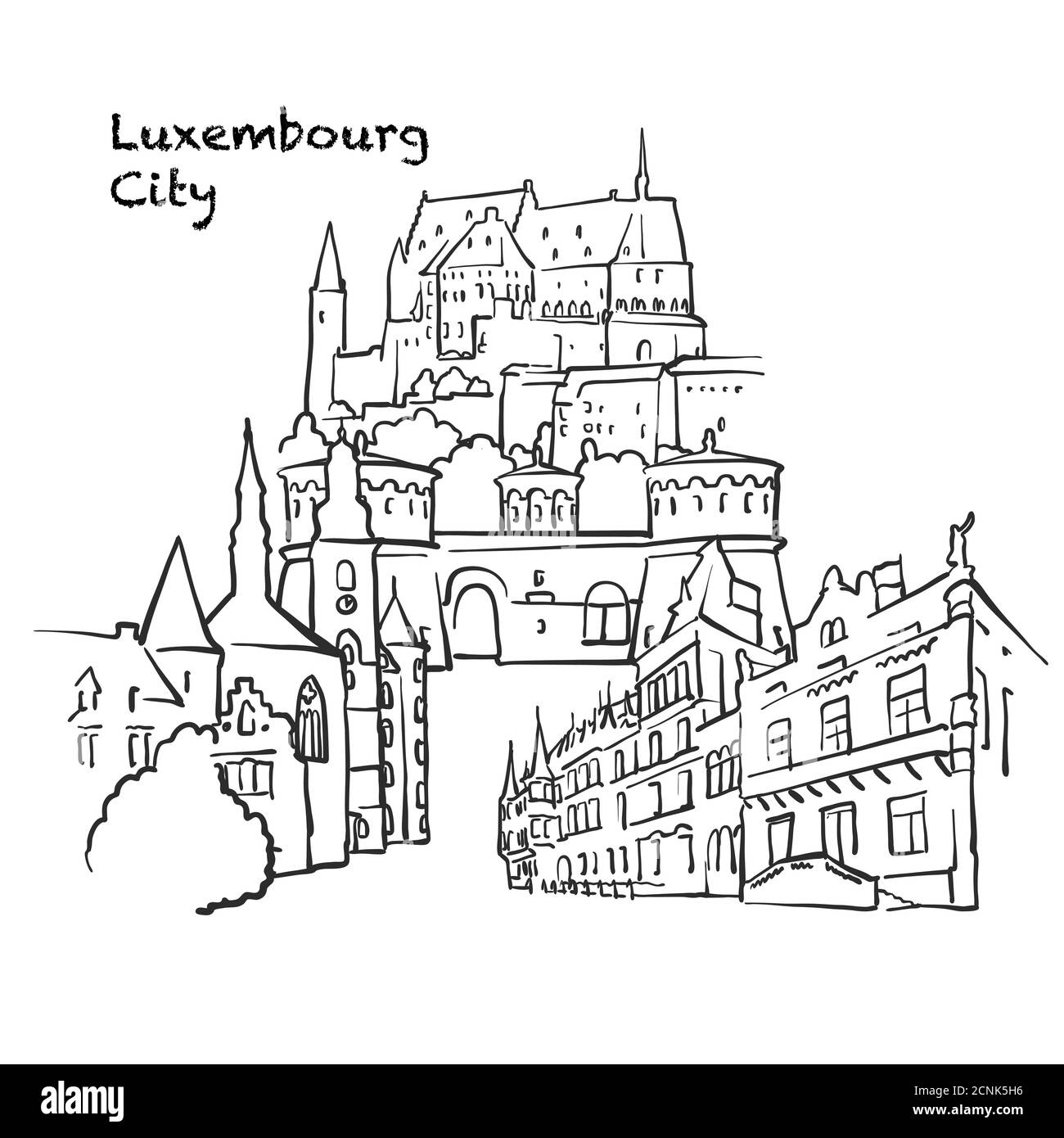 Berühmte Gebäude der Stadt Luxemburg, Luxemburg Zusammensetzung. Handgezeichnete schwarz-weiße Vektorgrafik. Gruppierte und bewegliche Objekte. Stock Vektor
