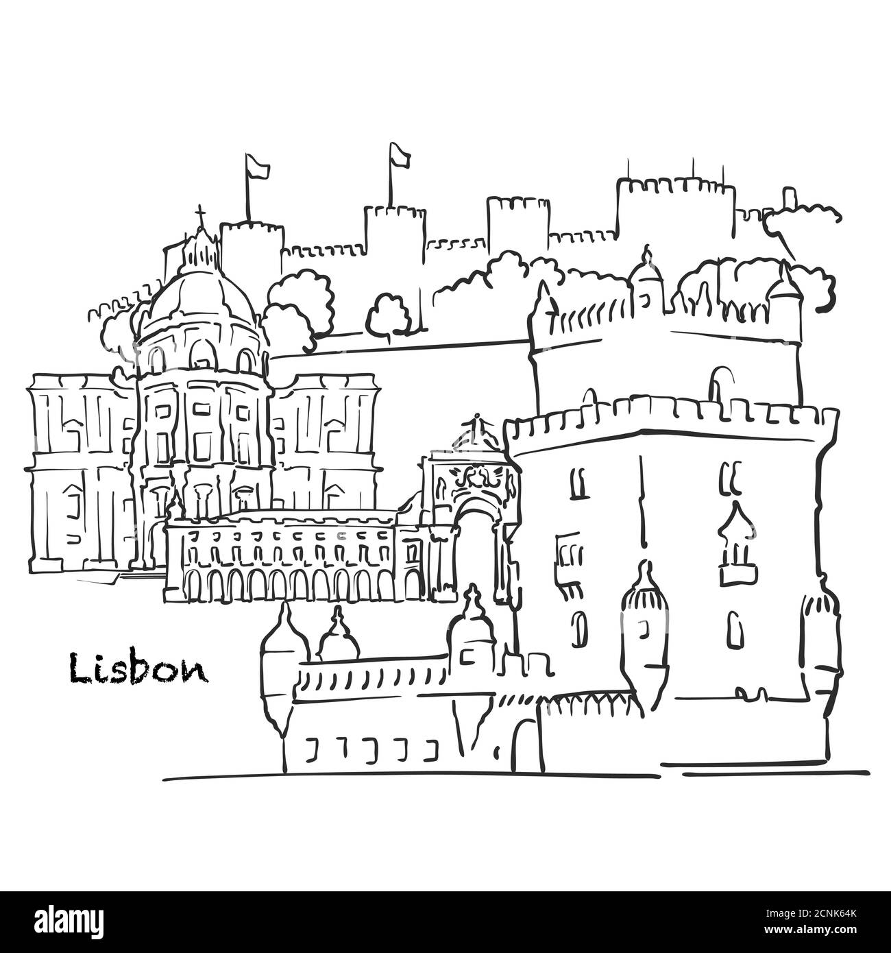 Berühmte Gebäude von Lissabon, Portugal Zusammensetzung. Handgezeichnete schwarz-weiße Vektorgrafik. Gruppierte und bewegliche Objekte. Stock Vektor