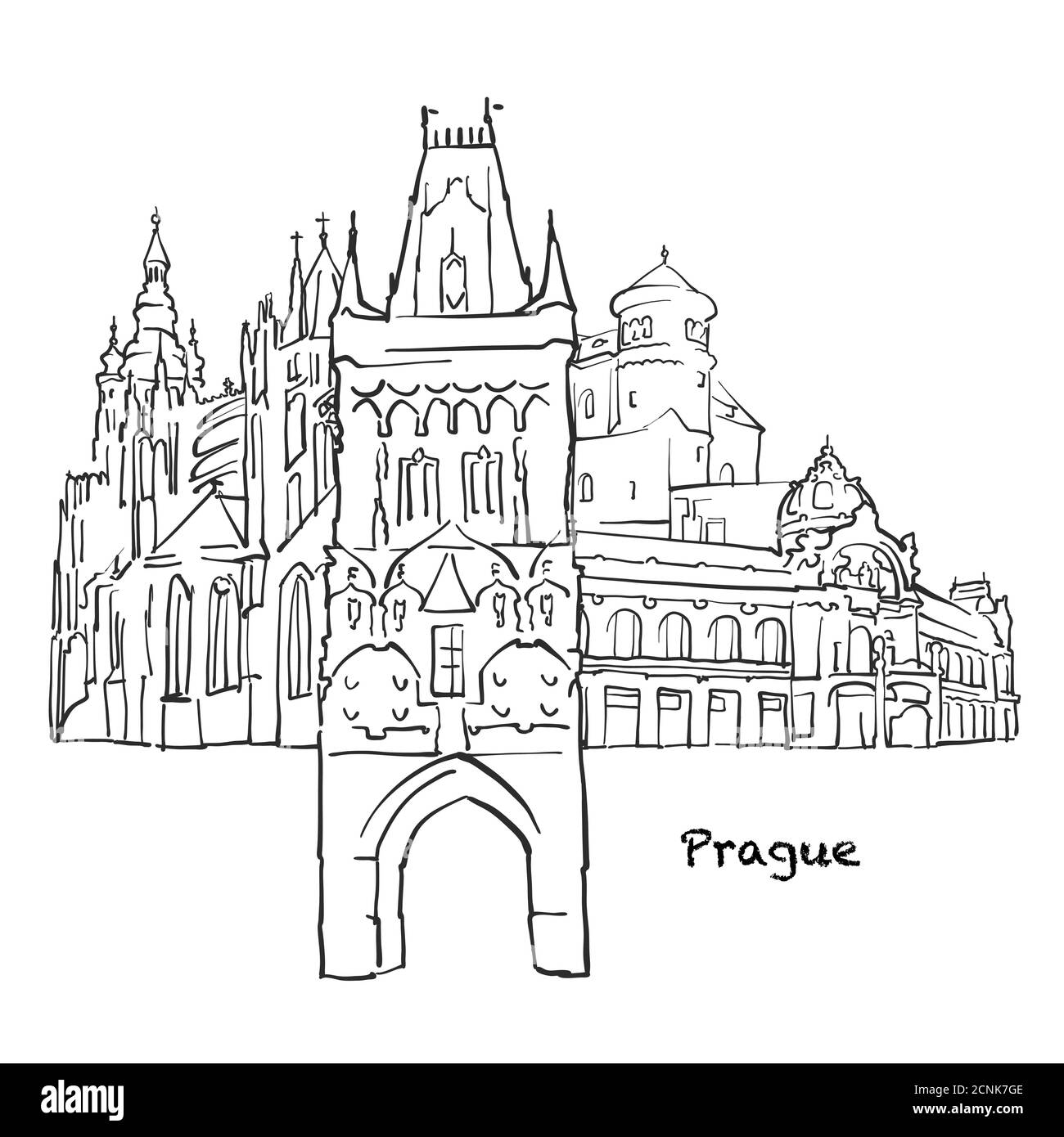 Berühmte Gebäude von Prag, Tschechische Republik Zusammensetzung. Handgezeichnete schwarz-weiße Vektorgrafik. Gruppierte und bewegliche Objekte. Stock Vektor