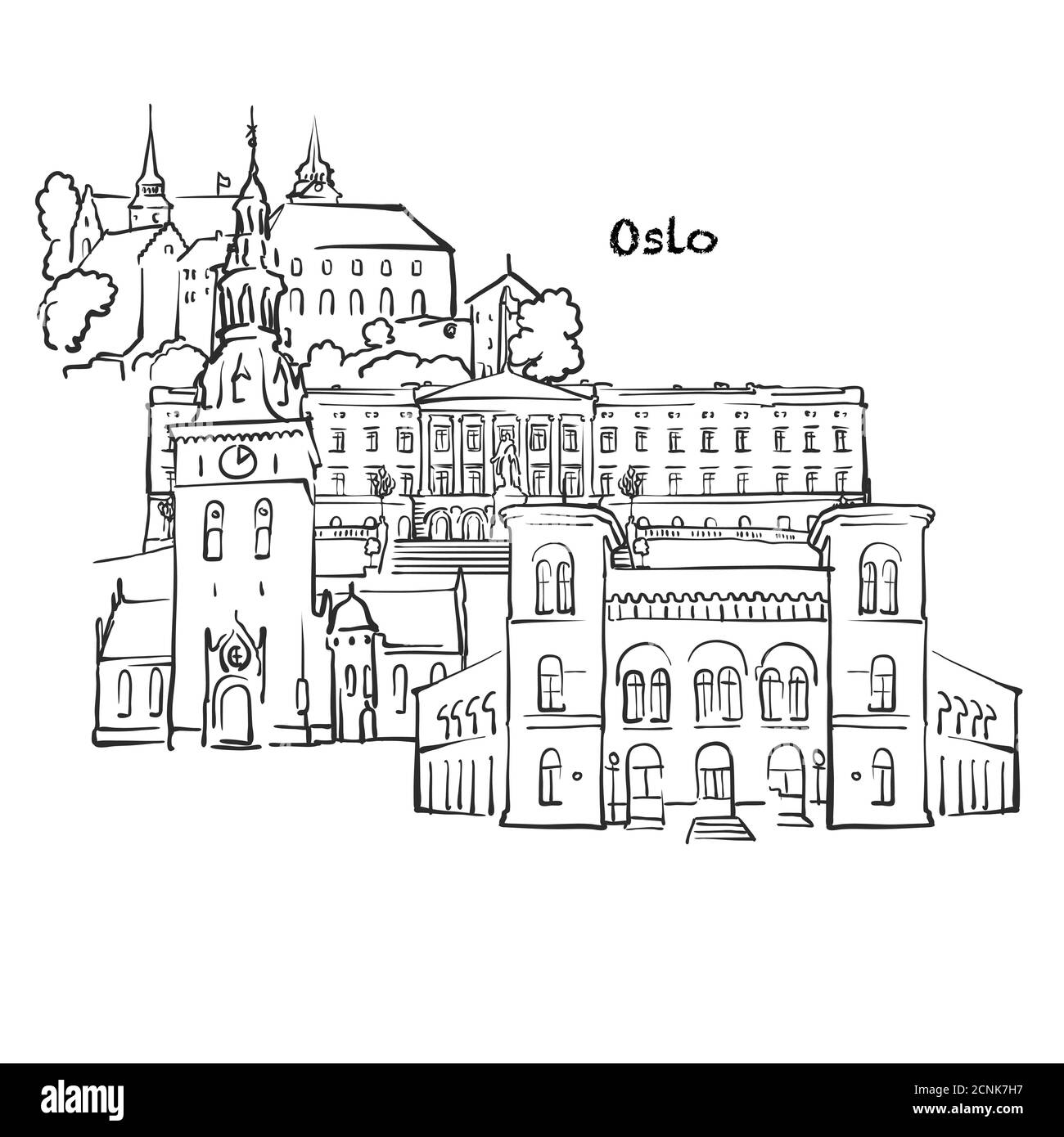 Berühmte Gebäude von Oslo, Norwegen Komposition. Handgezeichnete schwarz-weiße Vektorgrafik. Gruppierte und bewegliche Objekte. Stock Vektor