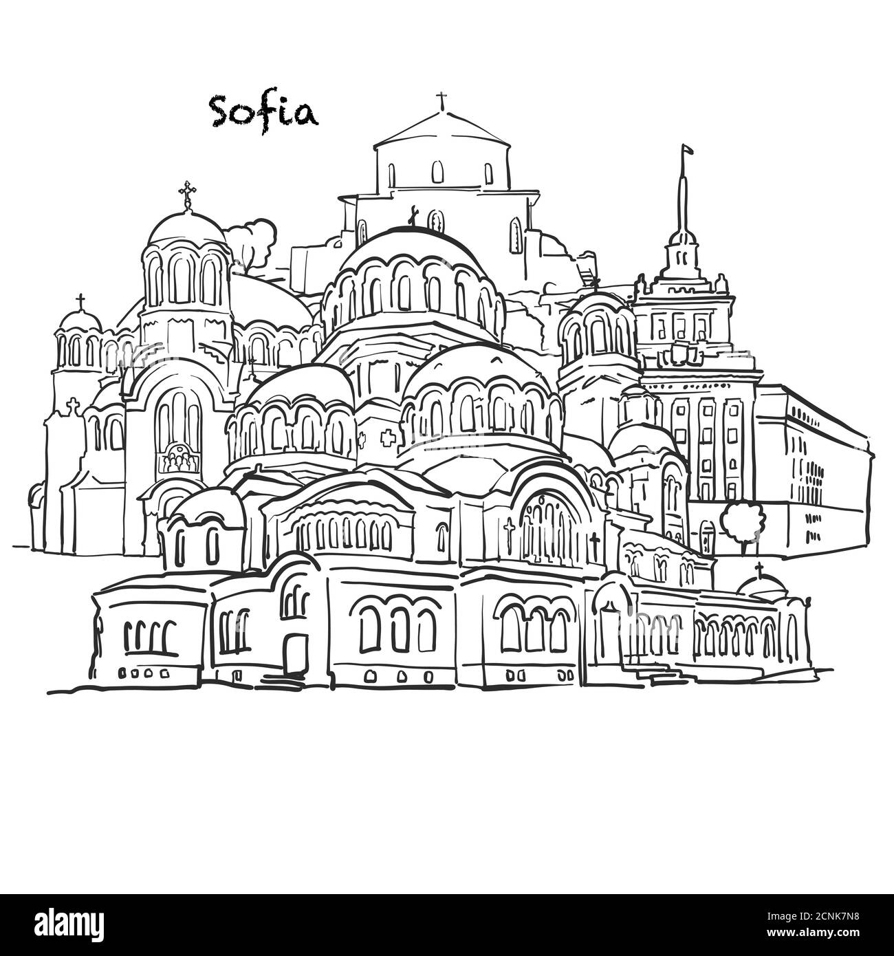 Berühmte Gebäude von Sofia, Bulgarien Zusammensetzung. Handgezeichnete schwarz-weiße Vektorgrafik. Gruppierte und bewegliche Objekte. Stock Vektor