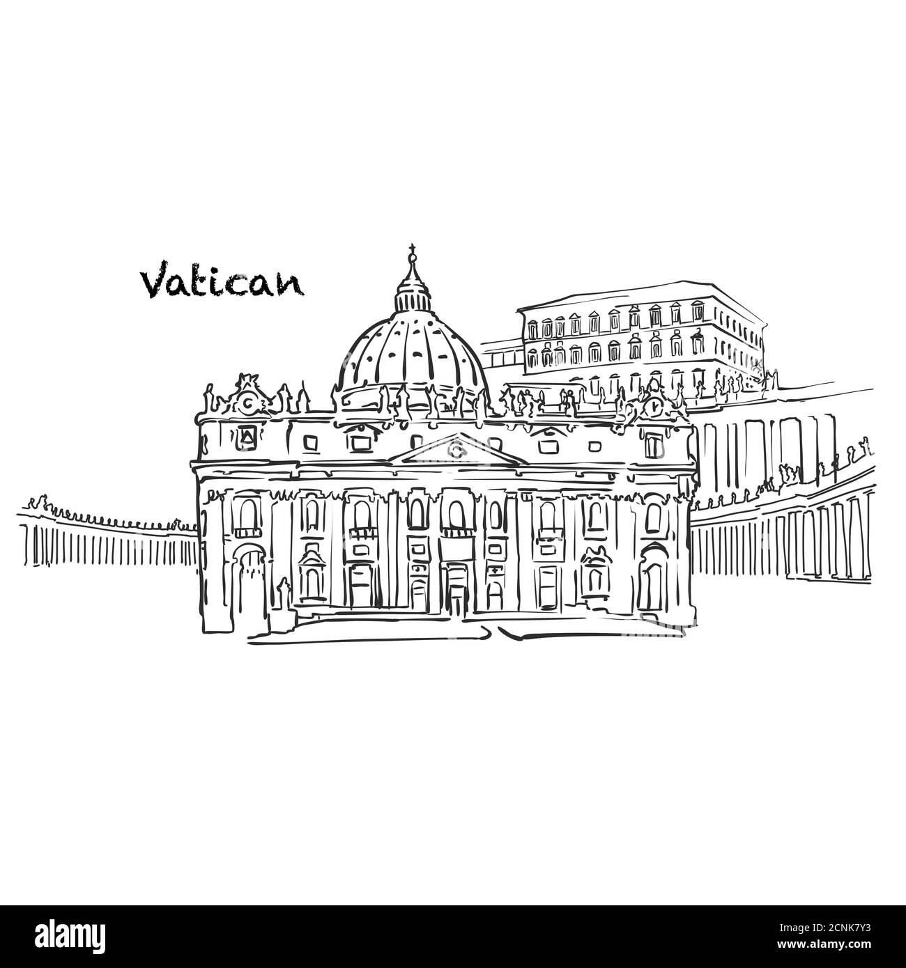 Berühmte Gebäude des Vatikans, Heilige Stuhl Komposition. Handgezeichnete schwarz-weiße Vektorgrafik. Gruppierte und bewegliche Objekte. Stock Vektor