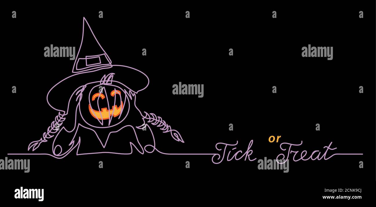 Trick or Treat Halloween schwarz Nacht Hintergrund mit Kürbis gruseliges Lächeln und kleine Hexe. Eine fortlaufende Linienzeichnung mit Schriftzug Trick or Treat Stock Vektor