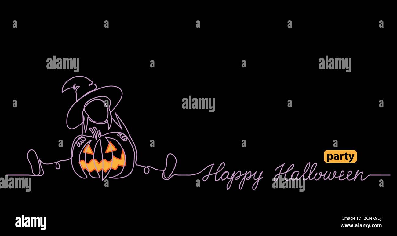 Halloween schwarze Nacht Web-Banner für Party-Hinweis mit gruseligen Kürbis und kleine Hexe. Eine kontinuierliche Linie Vektor-Zeichnung mit Text Happy Halloween Stock Vektor