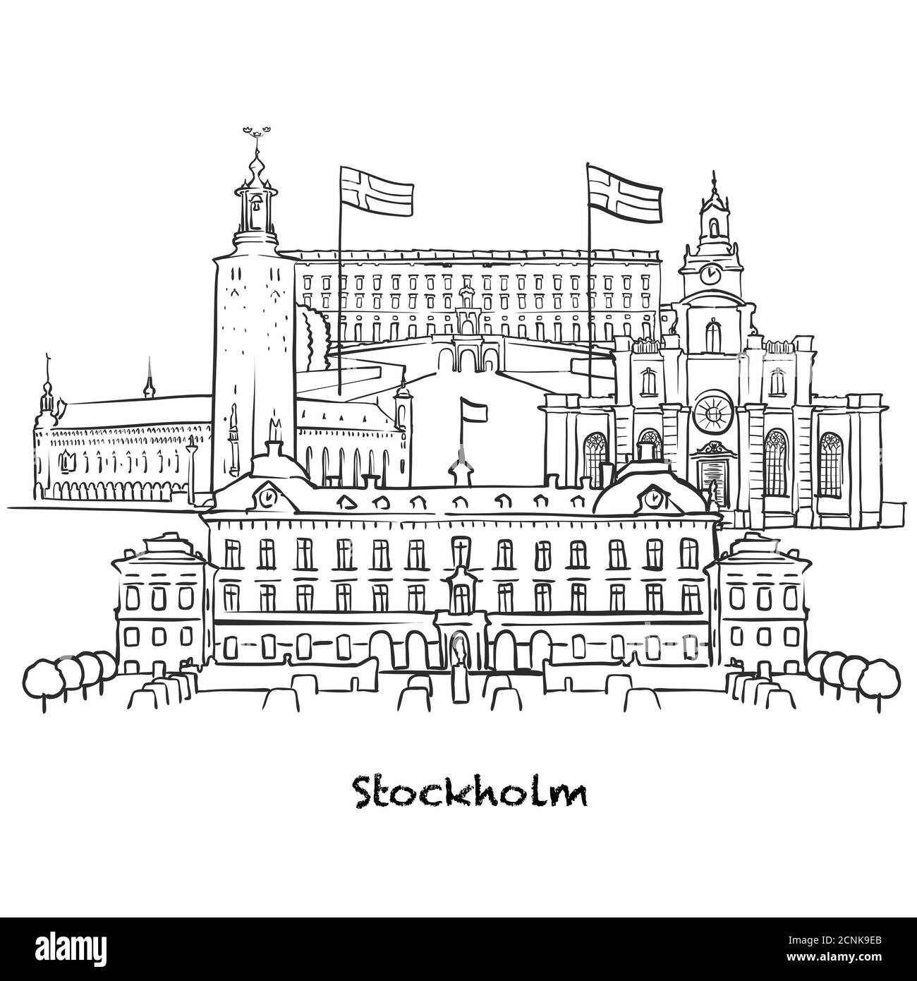 Berühmte Gebäude von Stockholm, Schweden Zusammensetzung. Handgezeichnete schwarz-weiße Vektorgrafik. Gruppierte und bewegliche Objekte. Stock Vektor