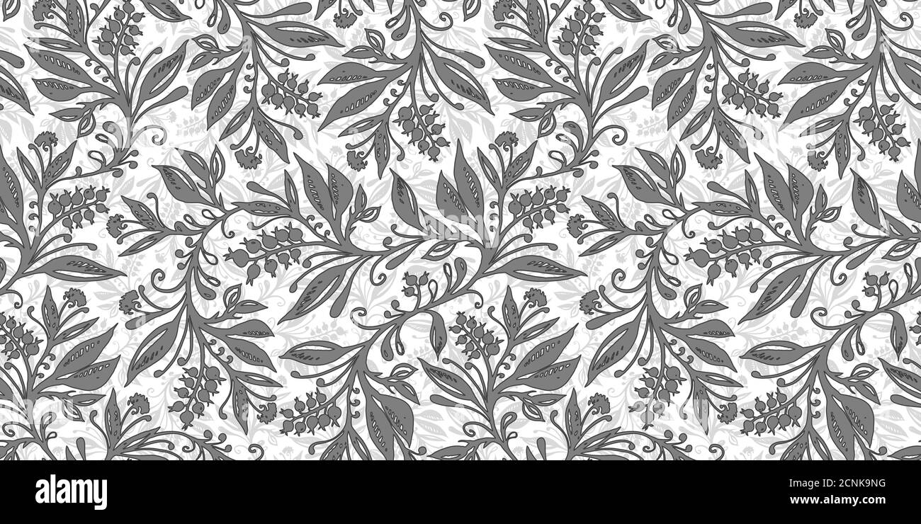 Florales Nahtloses Muster mit Blättern und Beeren in Graustufen. Handzeichnung. Hintergrund für Titel, Blog, Dekoration. Design für Tapeten, Textilien, Stoffe. Stock Vektor