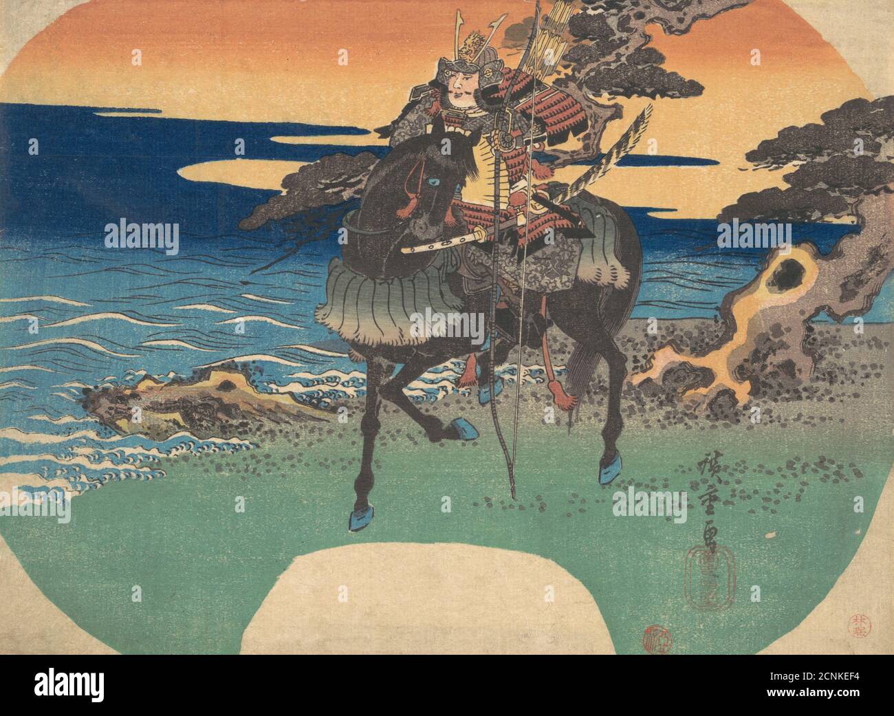 Krieger reiten schwarzes Pferd entlang der Küste, ca. 1835. Stockfoto