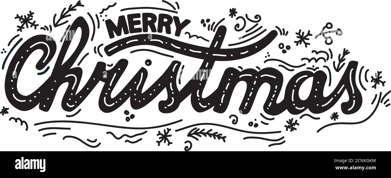 Frohe Weihnachten handgezeichnete Schriftzüge. Logo, Embleme, Feier. Stock Vektor