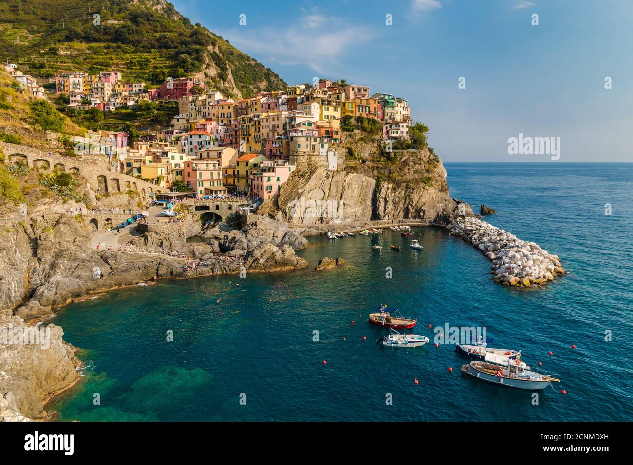Fantastischer Panoramablick auf die Manarola Marina mit verankerten Booten und die alten bunten Häuser auf der felsigen Klippe mit Weinbergen im Hintergrund... Stockfoto