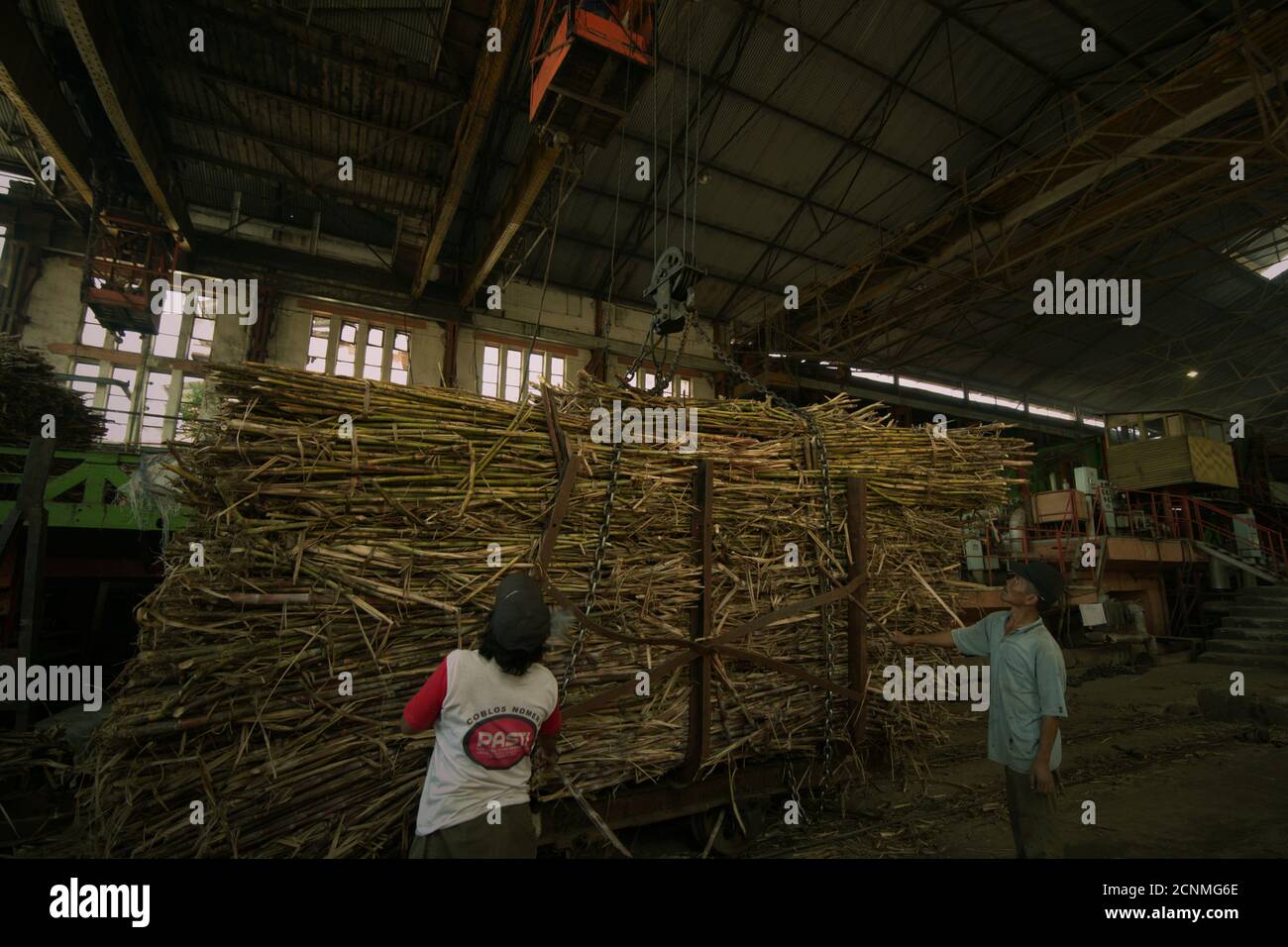 Arbeiter bei der Kranbeförderung für Zuckerrohrversorgung in der Tasikmadu Zuckerfabrik in Karanganyar, Zentraljava, Indonesien. Stockfoto