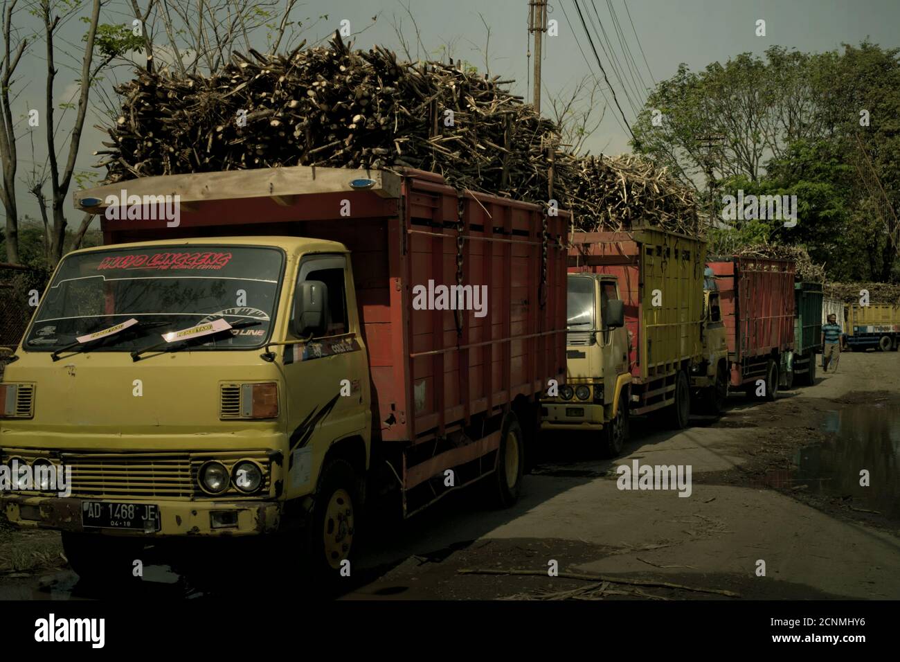 Eine LKW-Linie mit Zuckerrohrlieferungen in der Tasikmadu Zuckerfabrik in Karanganyar, Zentral-Java, Indonesien. Stockfoto