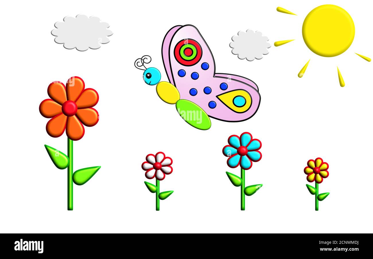 Illustration eines bunten Schmetterlings auf einer Blumenwiese Stockfoto