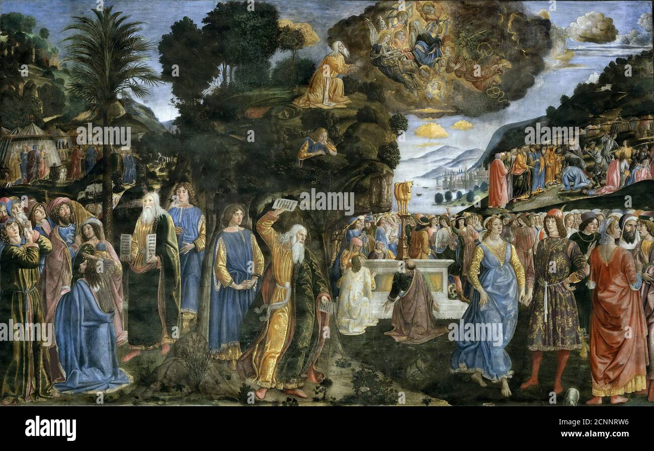 Discesa dal monte Sinai (der Abstieg vom Berg Sinai), 1481-1482. Gefunden in der Sammlung des Apostolischen Palastes, Vatikan. Stockfoto