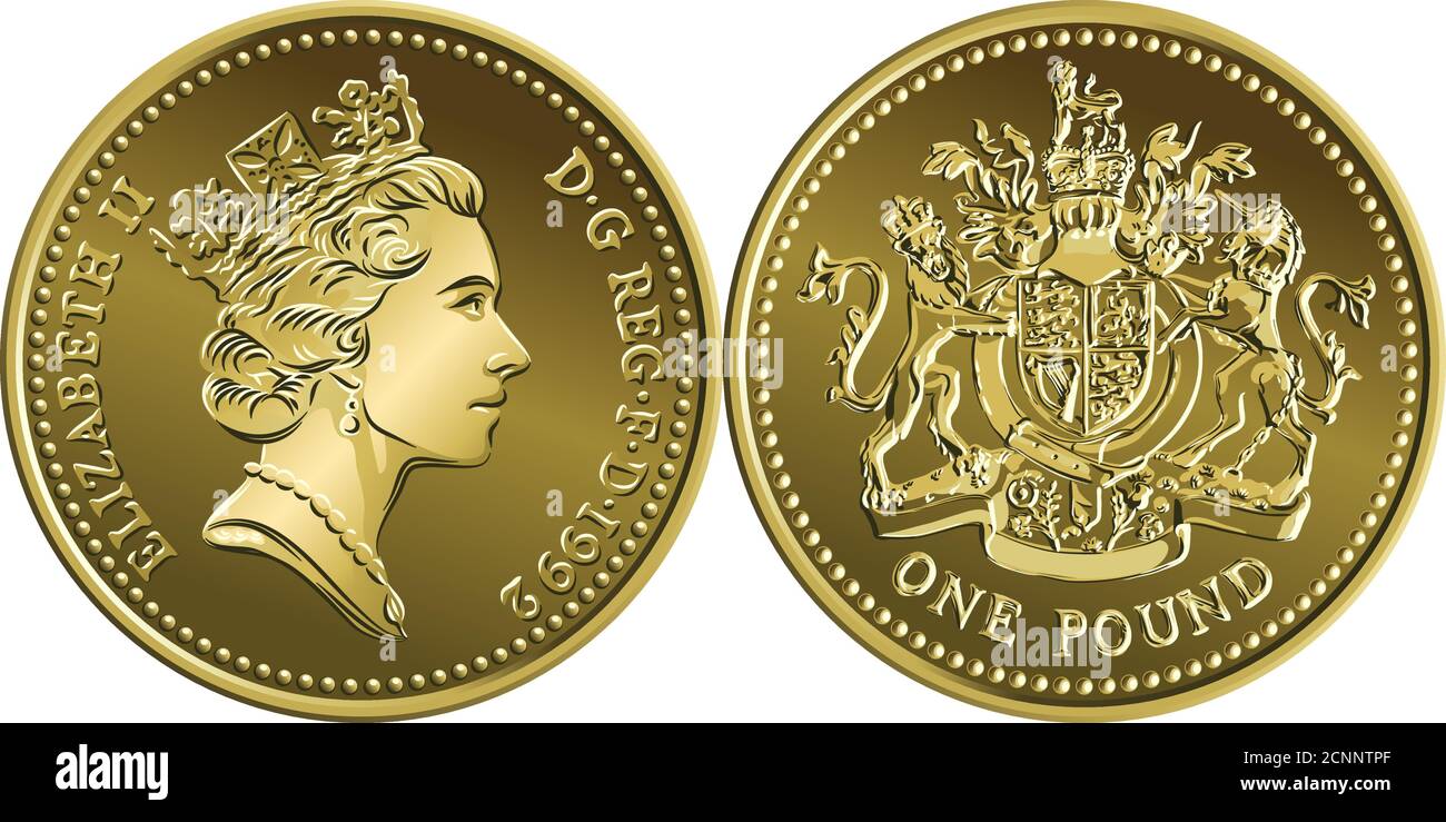 Vektor Britische Geldmünze ein Pfund mit Wappentier Löwe, Einhorn, Schild und Krone auf der Rückseite Stock Vektor