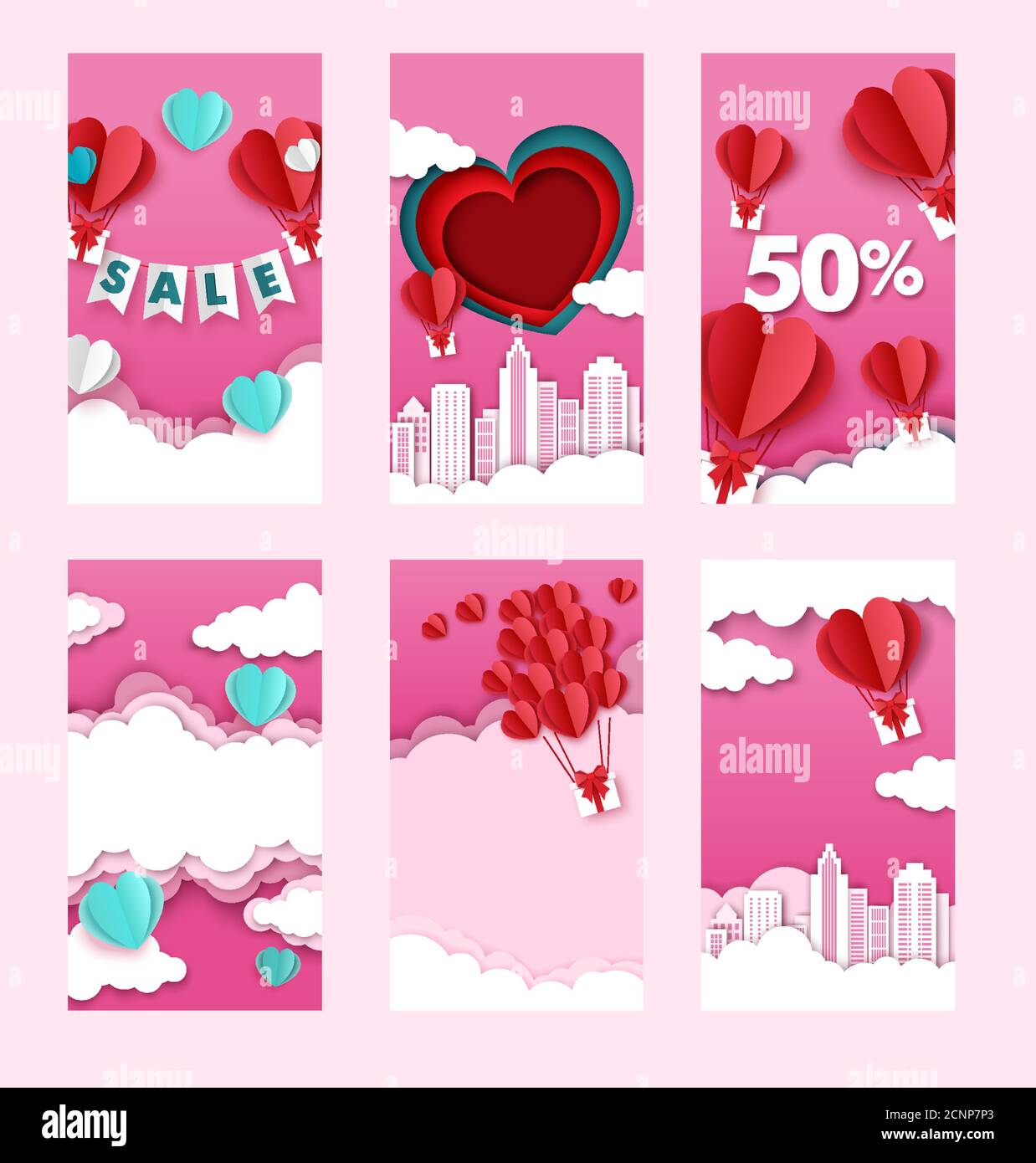 Valentinstag Verkäufe und Rabatte Social Media Geschichten, Beiträge Vorlage, Papier schneiden Stil Illustration. Stock Vektor