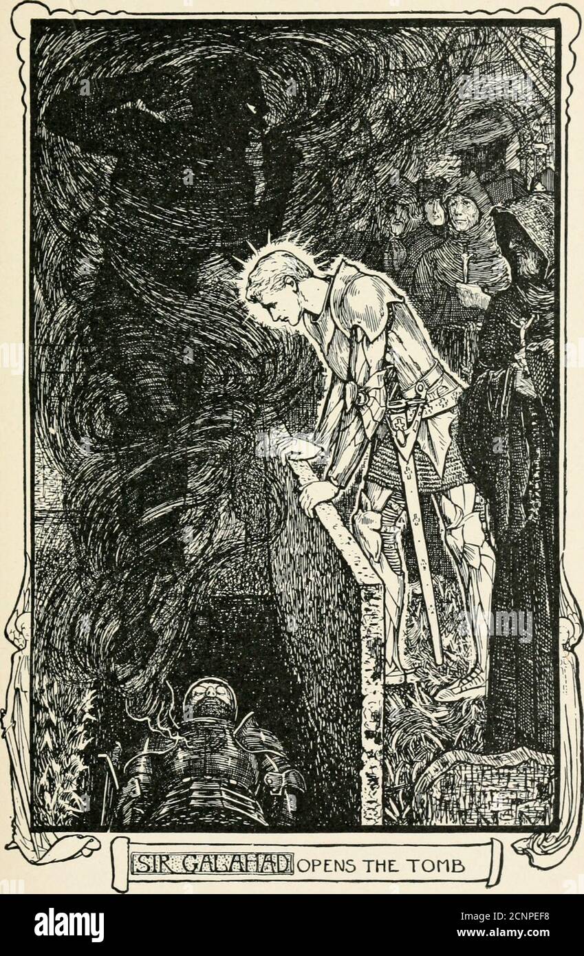 . Das Buch der Romantik; . ist Schild, außer Sir Gala-hatte nur. Da wandte sich der Knappen nach Bagdemagus und fragte ihn, ob er verwundet sei oder nicht. Ja, wahrlich, sagte er, und ich werde dem Tode kaum entrinnen; und er konnte zu seinen Rossen hinaufsteigen, als die Köche ihn nahe zu ihm brachten. Aber der Knappen führte ihn zu einem Kloster, das im Tal lag, und dort wurde er von seinen Wunden behandelt, und nach langer Lüge kam er wieder zum Leben.Nachdem der Knack den Ritter in die Obhut der Mönche gegeben hatte, ritt er zurück zur Abtei, mit ihm den Schild tragend. Sir Galahad, sagte er, vor ihm, dem Ritter, aufrichtest Stockfoto
