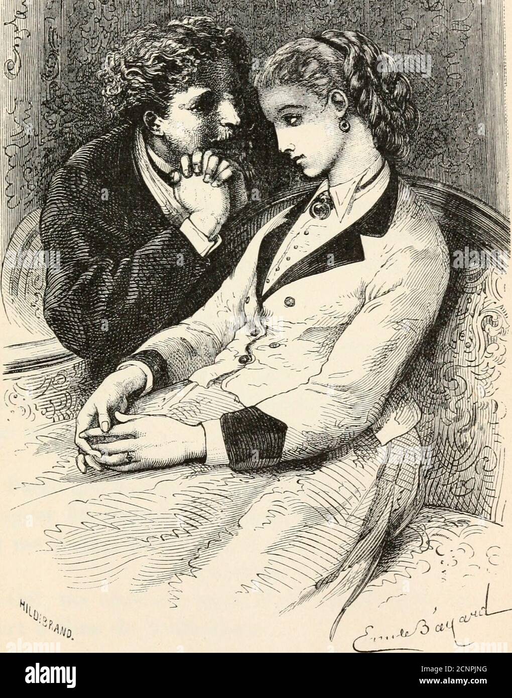 . Apres La Pluie Le Beau Temps . dit :que cest mon ami denfance comme toi, quil estbon comme toi, et enfin quil maime autant que tumaimes, w Jacques avait approché une chaise et sétaitassis près de Geneviève. A cette dernière assertionde Mlle Primerose, il saisit la main de Genevièveet sécria. « CE Nest pas vrai! MESZ unmöglich!GENEVIÈVE, affeclueiisèment. Nest-ce pas, mon ami, que cest unmöglich? Jele lui ai déjà dit, parce que je vois et je sens com-bien tu maimes, et que ce Louis ne peut pasmaimer comme toi qui es mon frère^ mon ami, lebonheur de ma vie. JACQUES. Oh! Geneviève, que tes pa Stockfoto