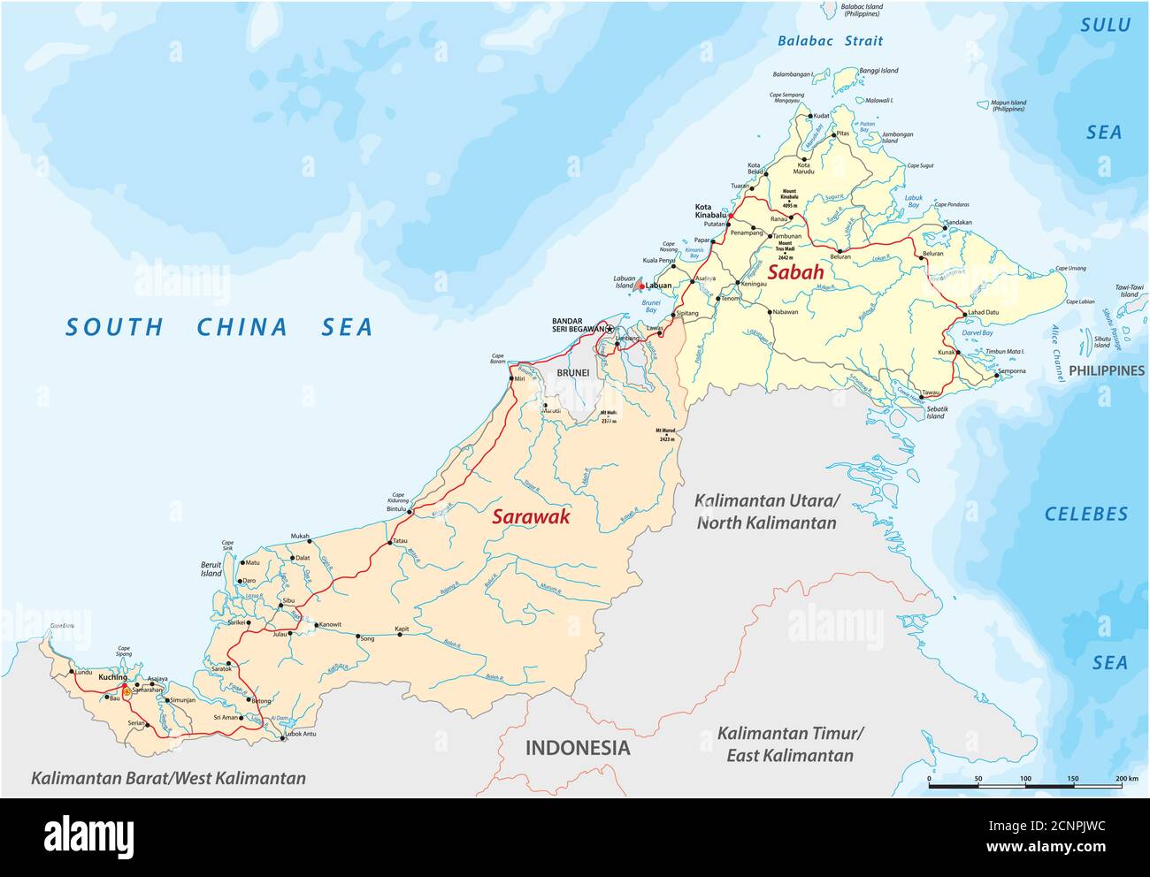 vektor-Straßenkarte der malaysischen Staaten Sarawak und Sabah auf der Insel Borneo, Malaysia Stock Vektor