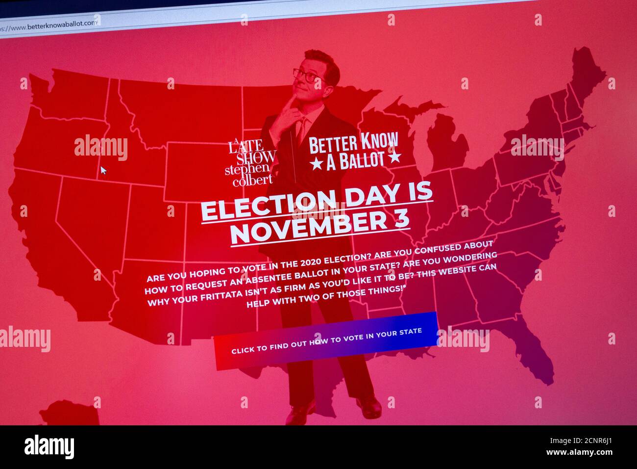 Screenshot der Website „A Late Show with Stephen Colbert“ www. betterknowaballot.com mit Informationen zur Abstimmung für die US-Wahl 2020. Stockfoto