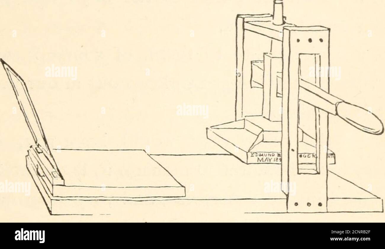 . Phaeton Rogers; ein Roman des Jungen Leben . es. Die erste Notwendigkeit war eine Presse. NED, der einen ziemlich guten Zeichner hatte, zeichnete einen Plan für sich, und er und ich haben es geschafft. Es gab nichts Unrechtes an dem Plan; er war stark und einfach – zwei große Tugenden in jeder Maschine. Aber wir bauten das ganze aus weicher Kiefer, das einzige Holz, das wir befehlen konnten, oder das unsere Werkzeuge schneiden würden. Als wir also den Druck ausübten, unser erstes Blatt zu drucken - und uns unstolz fühlten, als wären wir Faust, Gutenberg, Schofer, die Elzewiren, Ben Franklin und die ganze Familie des Manutius zu einem zusammengerollt -, tat das nicht nur das Gesicht Stockfoto