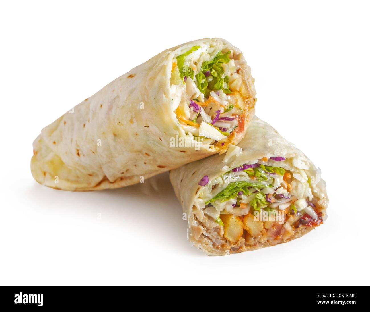 Döner Kebab Wrap isoliert auf weißem Hintergrund, Tortilla Stockfoto