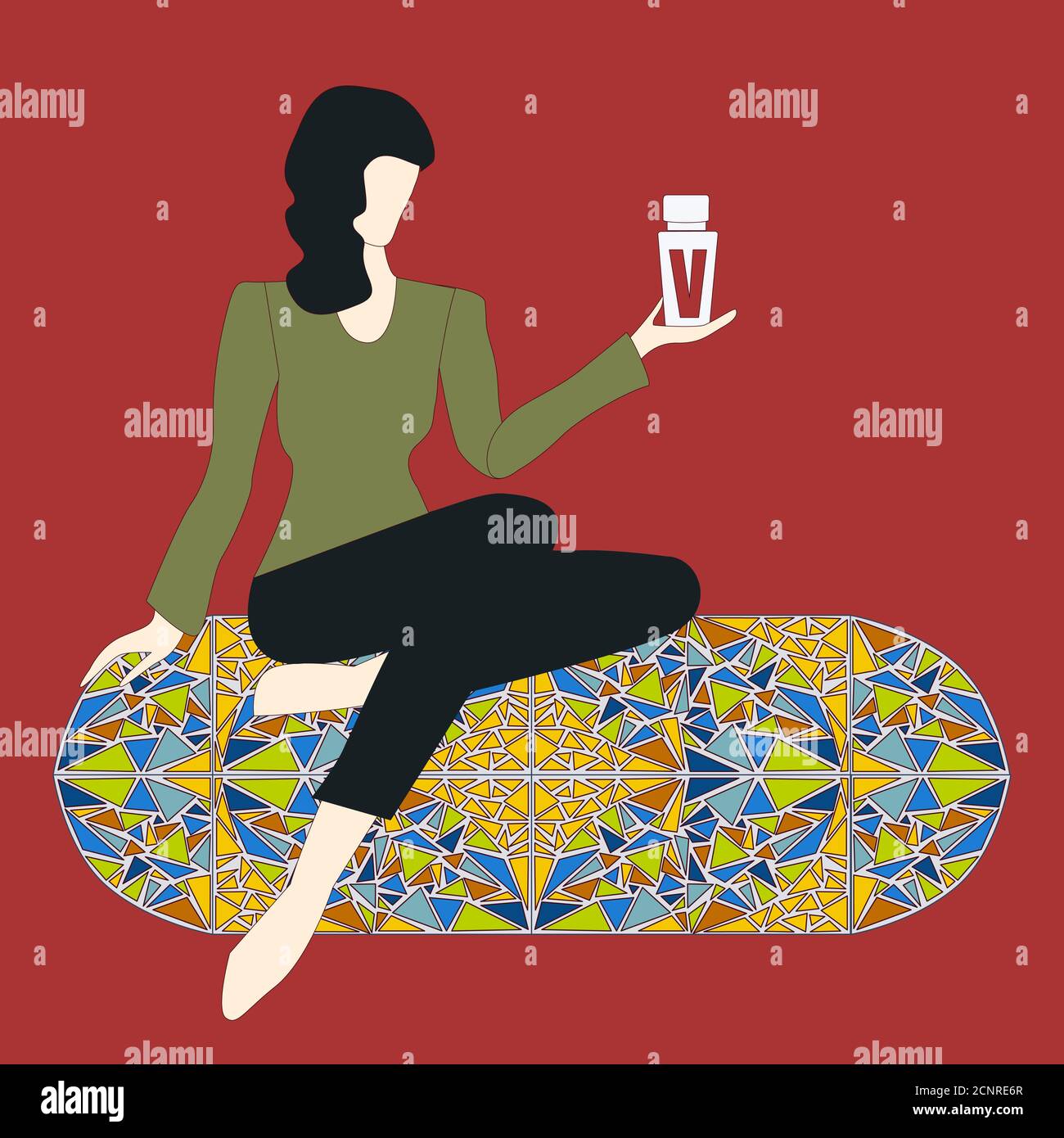 Die Frau sitzt auf einer Mosaikcouch. Sie schaut auf Flasche Vitamine oder Ihr Logo, Marke. Speicherplatz kopieren. Vektorgrafik Stock Vektor